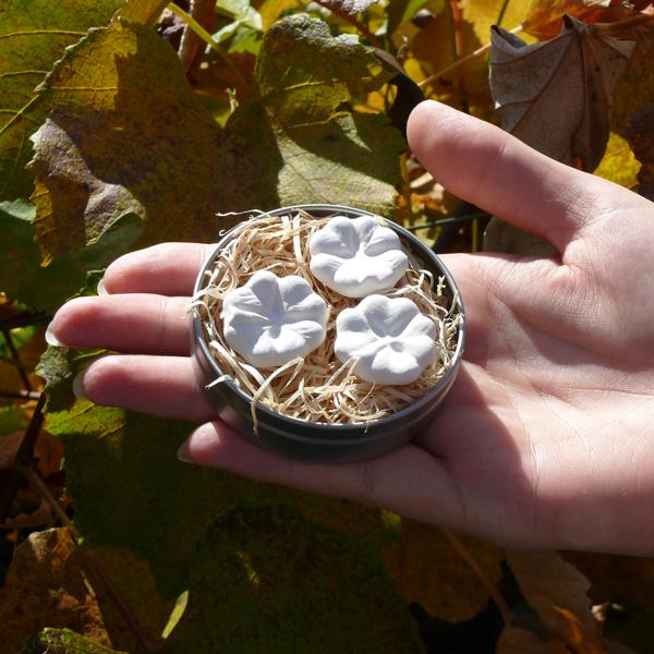 Neliapilan muotoiset tuoksukivet metallipurkissa